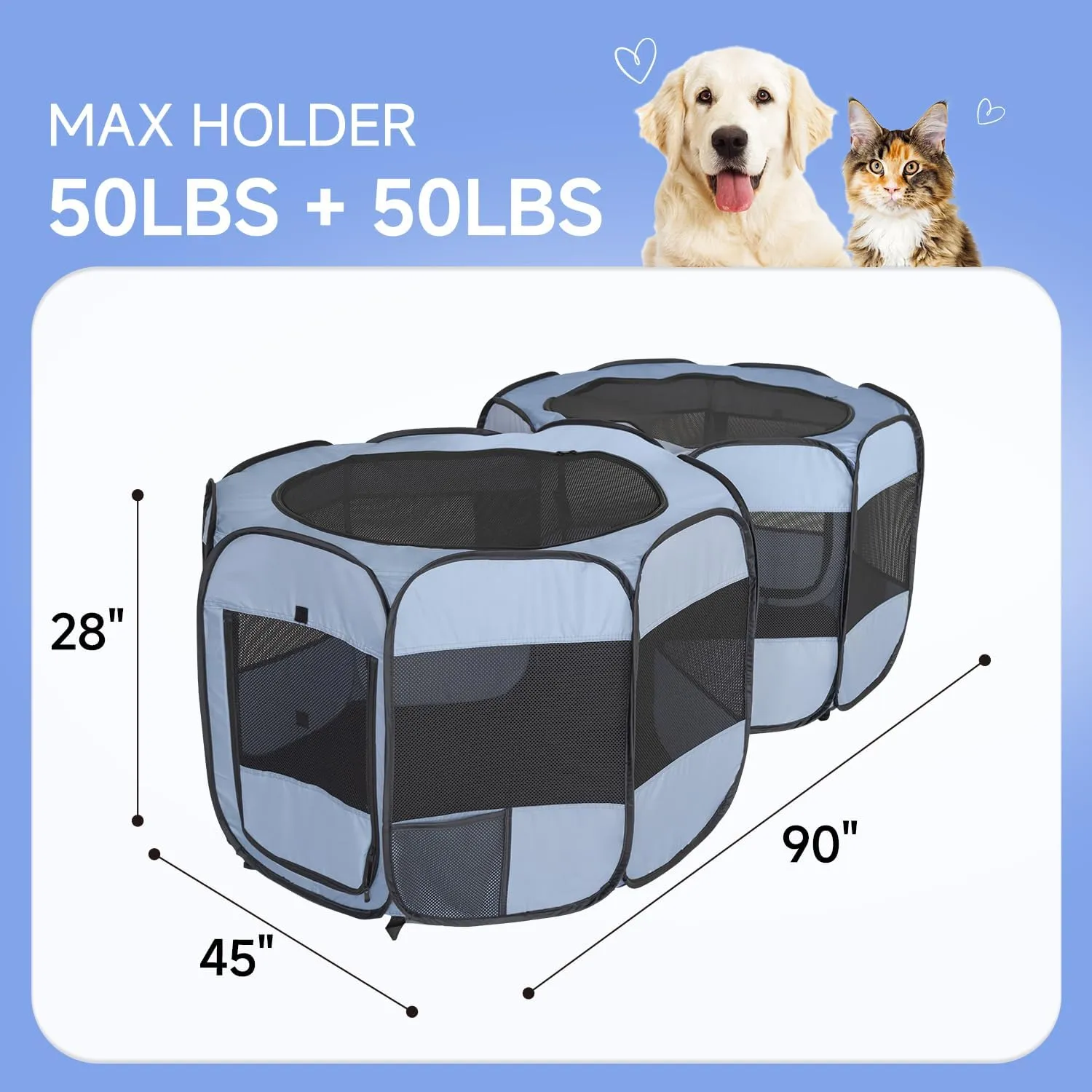 2-in-1 XLarge Pop Up Dog Playpen, 90"x45"x28"H Cat Puppy Pet Playpen, Indoor Outdoor Cats Enclosed, Cat Tent Crate Cage Kennel, Portable Playpen for Kitten and Small Animals(No Divider, Unified Space)