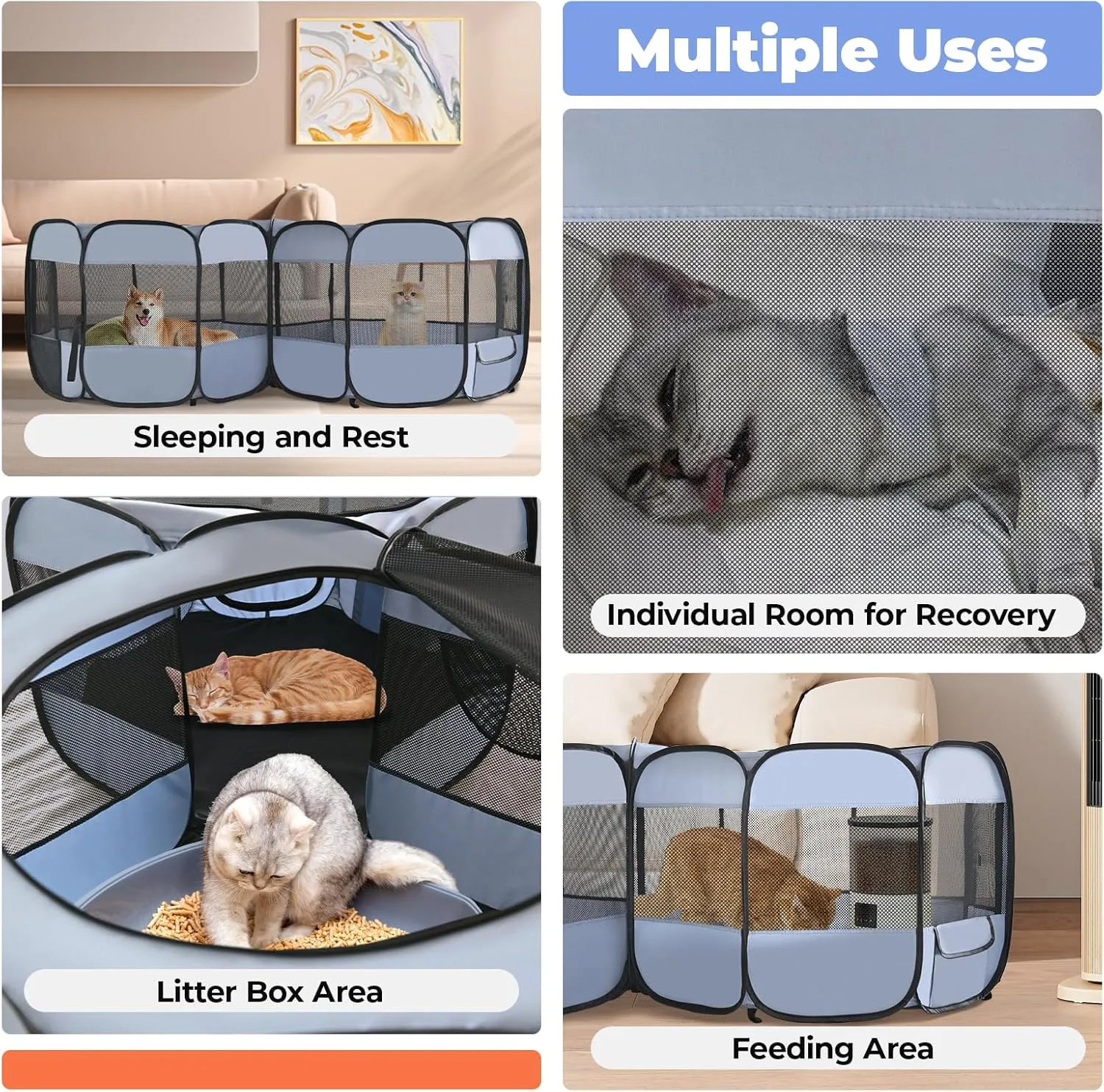 2-in-1 XLarge Pop Up Dog Playpen, 90"x45"x28"H Cat Puppy Pet Playpen, Indoor Outdoor Cats Enclosed, Cat Tent Crate Cage Kennel, Portable Playpen for Kitten and Small Animals(No Divider, Unified Space)