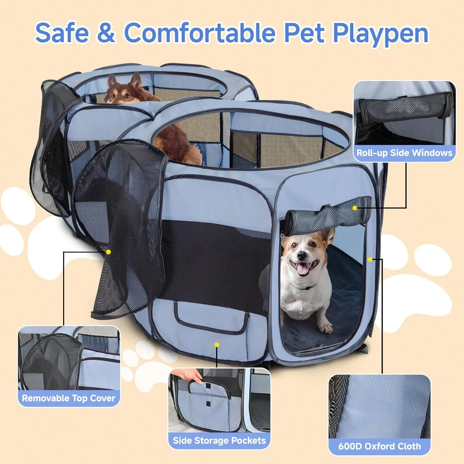 2-in-1 XLarge Pop Up Dog Playpen, 90"x45"x28"H Cat Puppy Pet Playpen, Indoor Outdoor Cats Enclosed, Cat Tent Crate Cage Kennel, Portable Playpen for Kitten and Small Animals(No Divider, Unified Space)