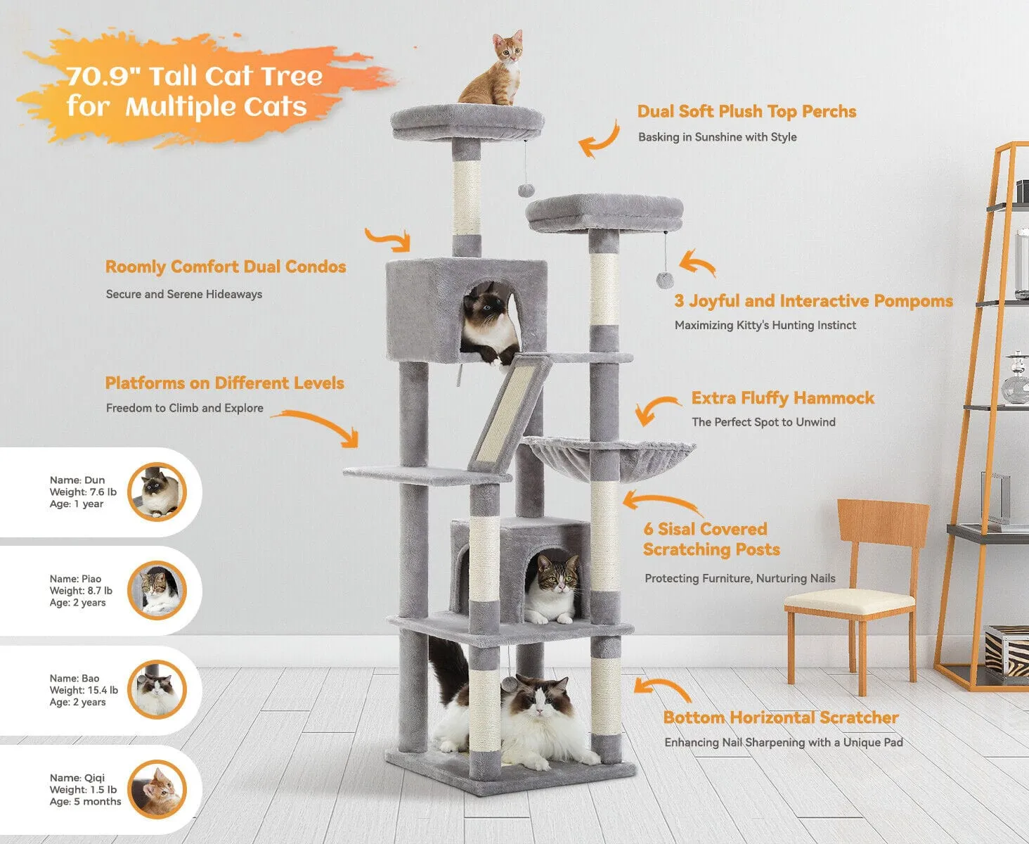 70.9" Multilevel Cat Scratching Tree with Condo's