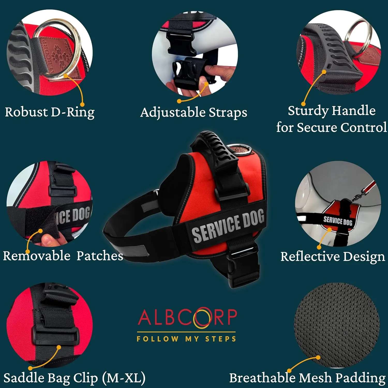 Albcorp Reflective Therapy Dog Vest Harness, Woven Nylon, Adjustable Service Animal Jacket, with 2 Hook and Loop Therapy Dog Removable Patches. Black, Small