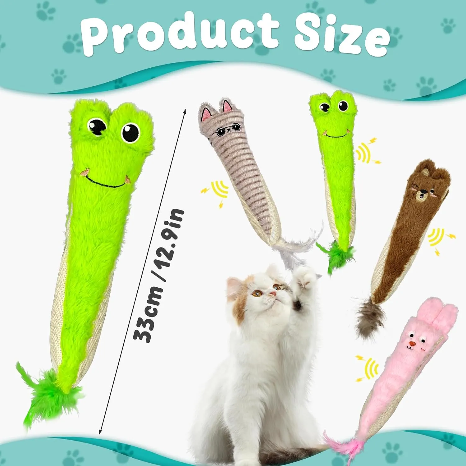 Andiker Cat Toys for Indoor Cats,10.24in Plush Catnip Toy with Crinkle Paper Inside,Fluffy Interactive Cat Toy with Feather and 2 Sisal Scratchers for Biting, Chewing, Scratching and Kicking