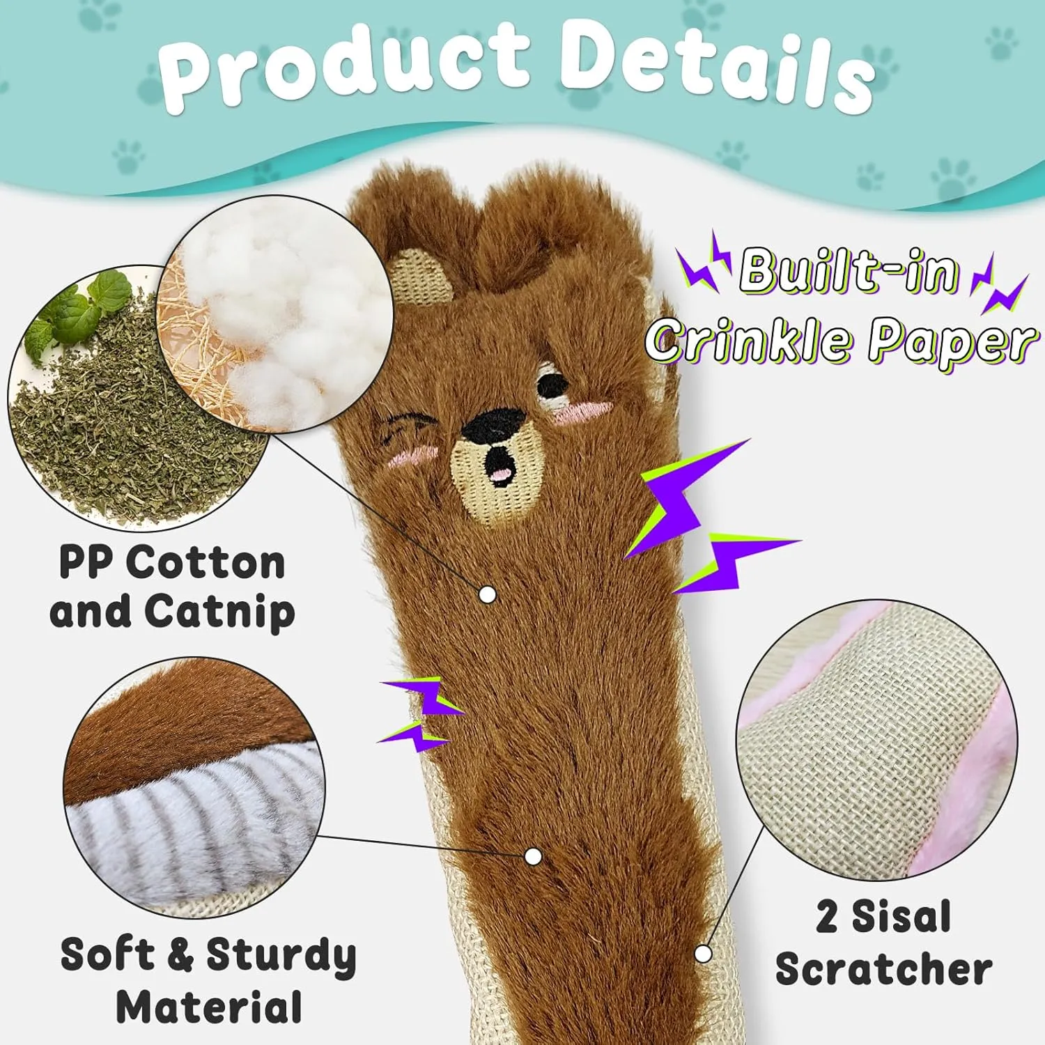 Andiker Cat Toys for Indoor Cats,10.24in Plush Catnip Toy with Crinkle Paper Inside,Fluffy Interactive Cat Toy with Feather and 2 Sisal Scratchers for Biting, Chewing, Scratching and Kicking