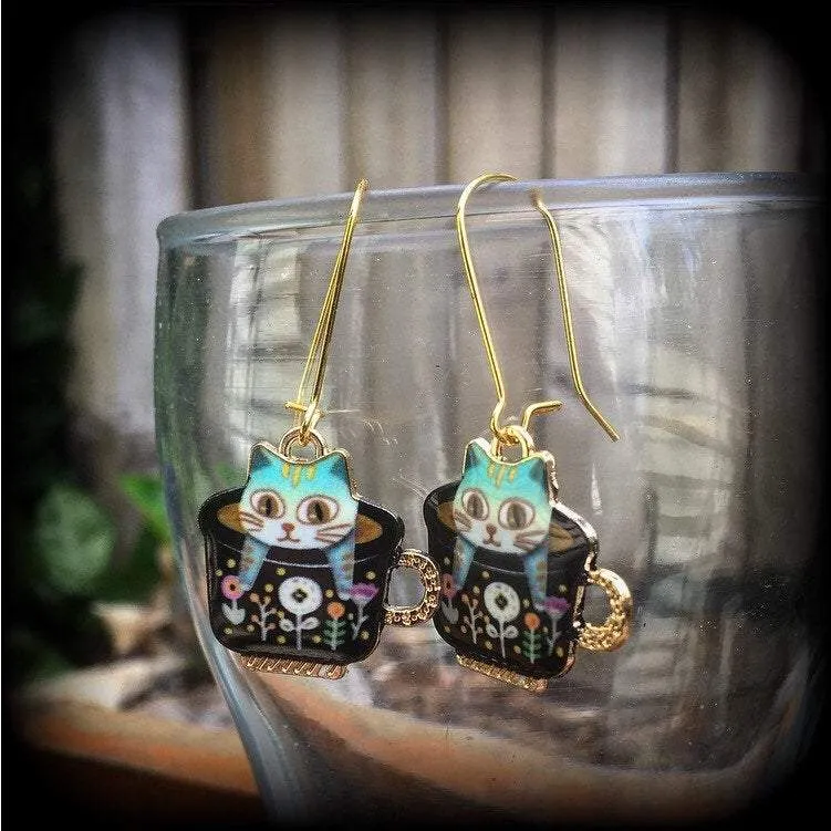 Cat earrings Crazy Cat Lady earrings Folk art earrings Teapot earrings Animal earrings Quirky earrings Kidney hooks Leverback hook earrings