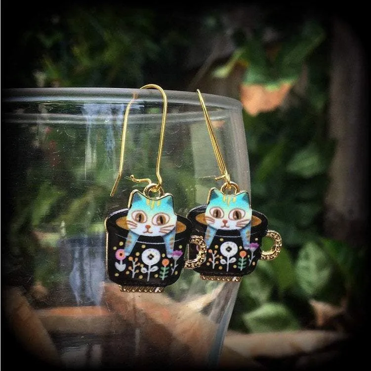 Cat earrings Crazy Cat Lady earrings Folk art earrings Teapot earrings Animal earrings Quirky earrings Kidney hooks Leverback hook earrings