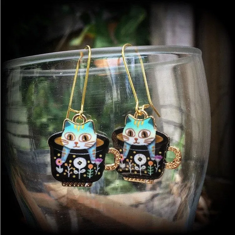 Cat earrings Crazy Cat Lady earrings Folk art earrings Teapot earrings Animal earrings Quirky earrings Kidney hooks Leverback hook earrings