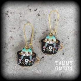 Cat earrings Crazy Cat Lady earrings Folk art earrings Teapot earrings Animal earrings Quirky earrings Kidney hooks Leverback hook earrings