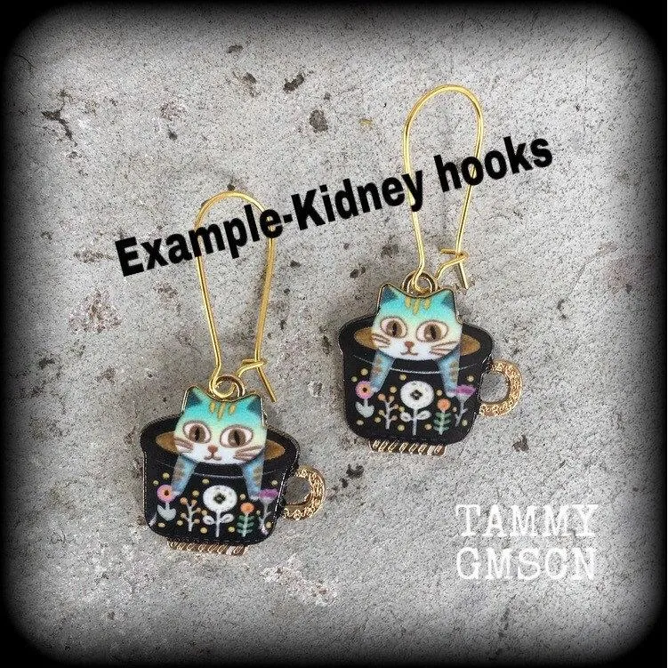 Cat earrings Crazy Cat Lady earrings Folk art earrings Teapot earrings Animal earrings Quirky earrings Kidney hooks Leverback hook earrings