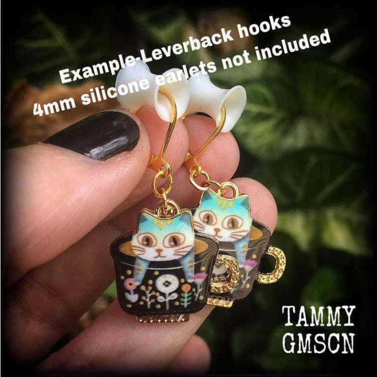Cat earrings Crazy Cat Lady earrings Folk art earrings Teapot earrings Animal earrings Quirky earrings Kidney hooks Leverback hook earrings