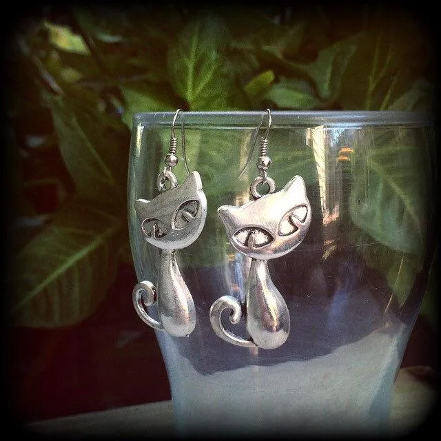 Cat earrings, Familiar jewelry, Witches earrings, Witches familiar, Pagan jewelry, Animal earrings, Pierced ears, Halloween earrings, Gauges