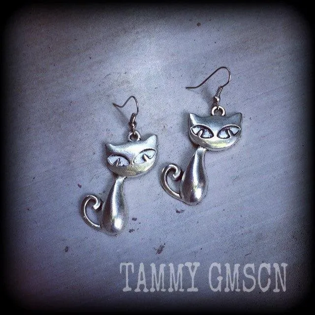 Cat earrings, Familiar jewelry, Witches earrings, Witches familiar, Pagan jewelry, Animal earrings, Pierced ears, Halloween earrings, Gauges