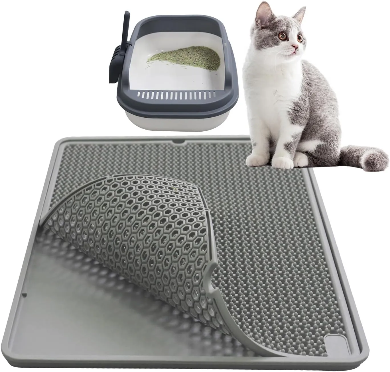 Cat Litter Mat Double Layer, Kitty Litter Box Mat Small Waterproof Urine Proof Trapping, Easy Clean, Silicone Cat Supplies & Accessories for Indoor Pets, Grey