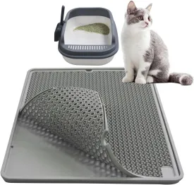 Cat Litter Mat Double Layer, Kitty Litter Box Mat Small Waterproof Urine Proof Trapping, Easy Clean, Silicone Cat Supplies & Accessories for Indoor Pets, Grey