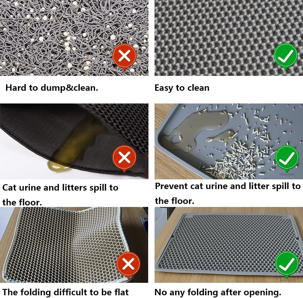 Cat Litter Mat Double Layer, Kitty Litter Box Mat Small Waterproof Urine Proof Trapping, Easy Clean, Silicone Cat Supplies & Accessories for Indoor Pets, Grey
