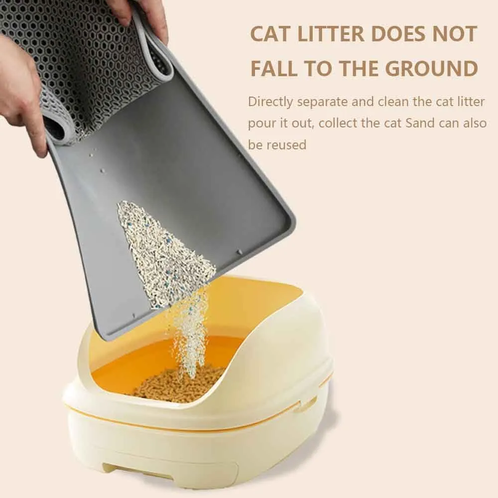Cat Litter Mat Double Layer, Kitty Litter Box Mat Small Waterproof Urine Proof Trapping, Easy Clean, Silicone Cat Supplies & Accessories for Indoor Pets, Grey
