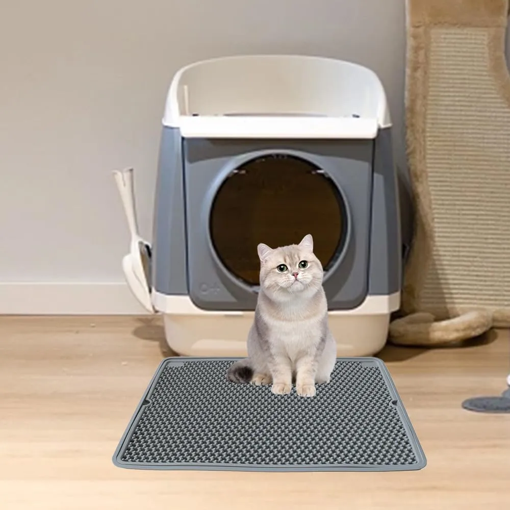 Cat Litter Mat Double Layer, Kitty Litter Box Mat Small Waterproof Urine Proof Trapping, Easy Clean, Silicone Cat Supplies & Accessories for Indoor Pets, Grey