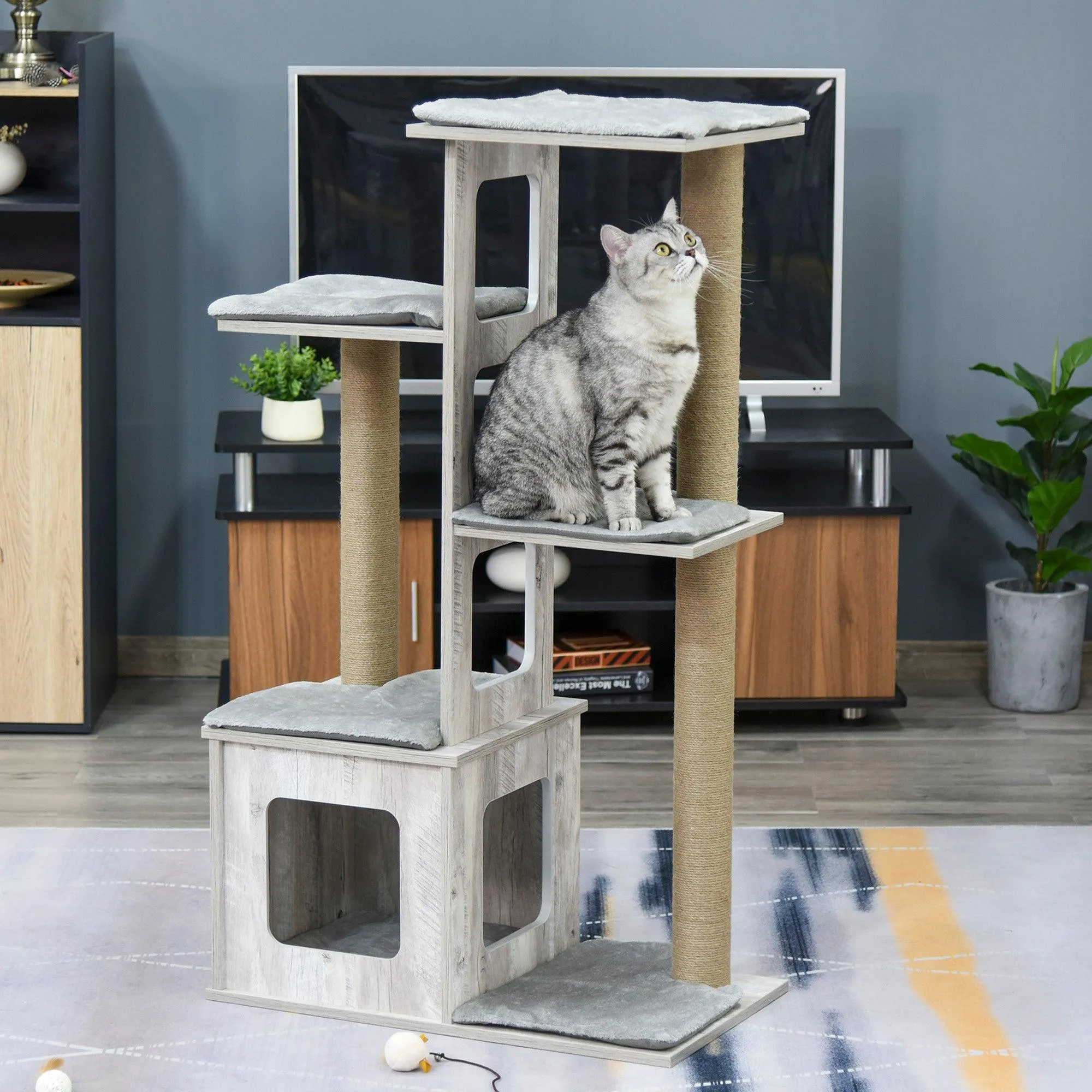 Cat Tower Condo with Jute Scratching Post, 114cm - Grey
