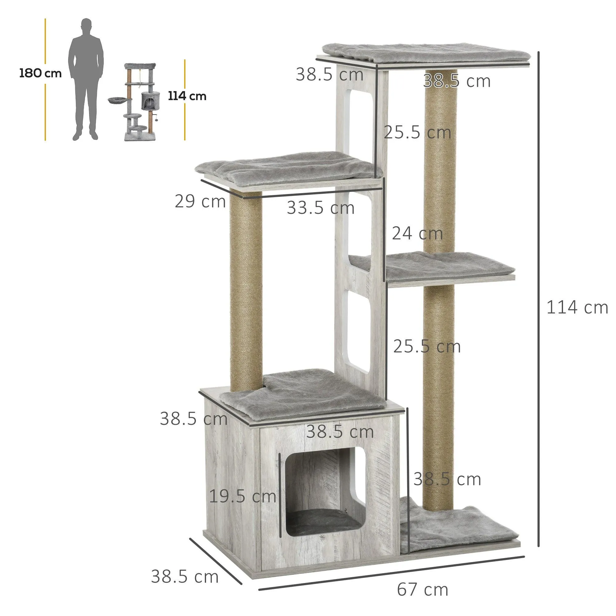 Cat Tower Condo with Jute Scratching Post, 114cm - Grey
