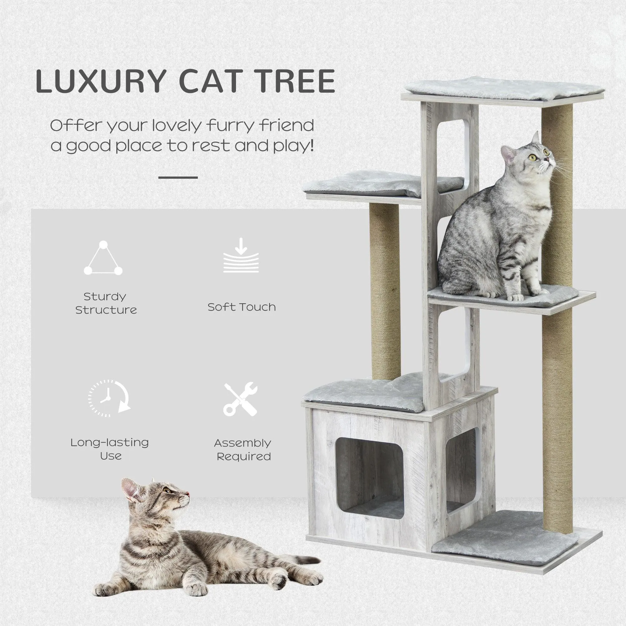 Cat Tower Condo with Jute Scratching Post, 114cm - Grey