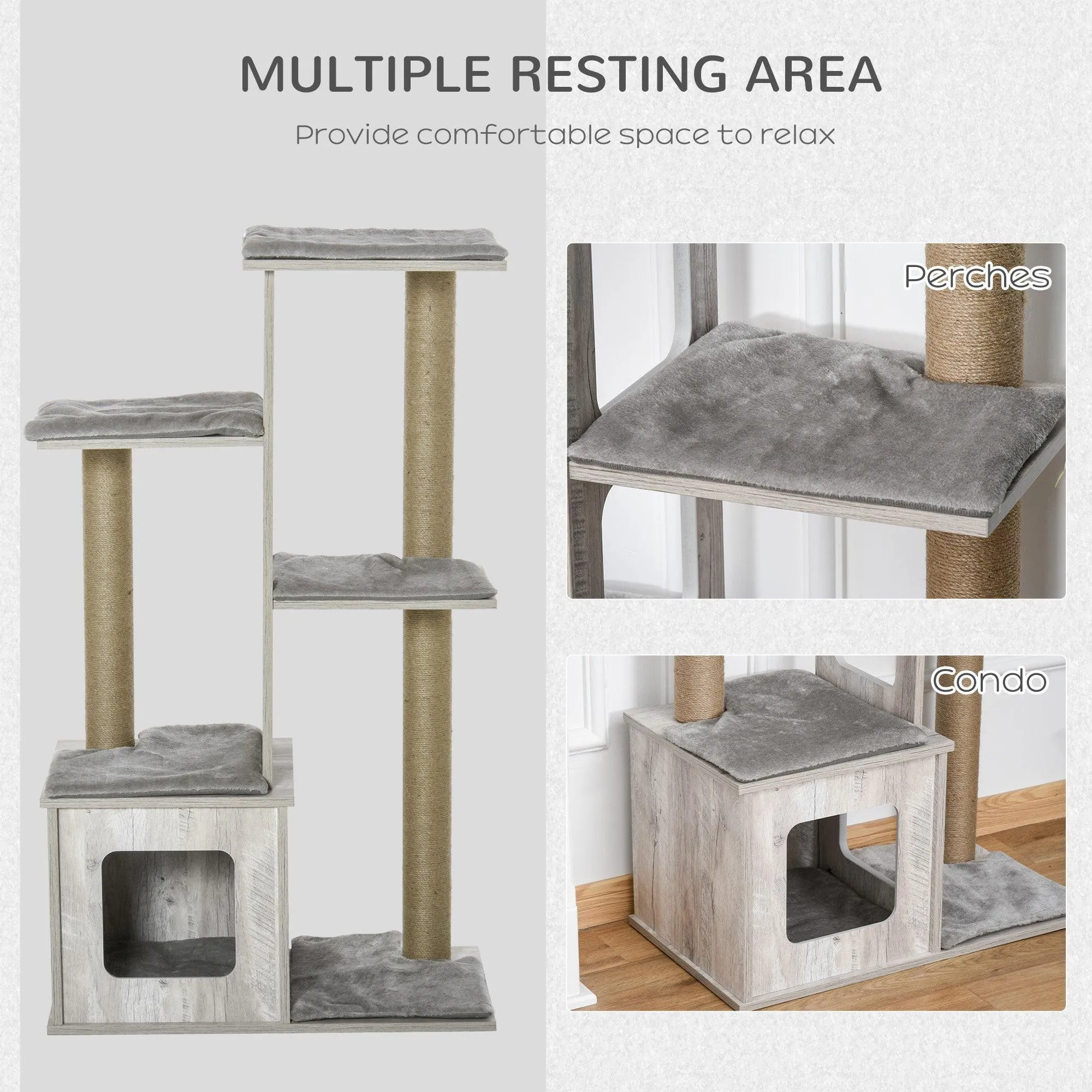 Cat Tower Condo with Jute Scratching Post, 114cm - Grey