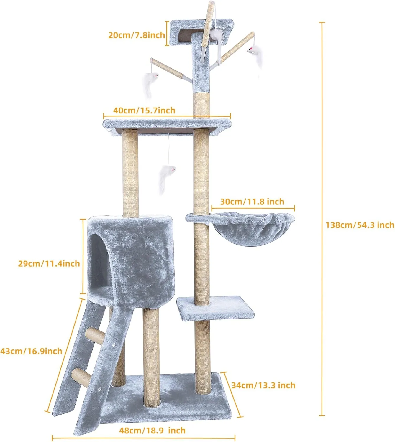 Cat Tree, 54.3 Inch Tall, Multi-Level Cat Activity Center with Cat Condo, Hammock & Scratching Posts, Light Grey