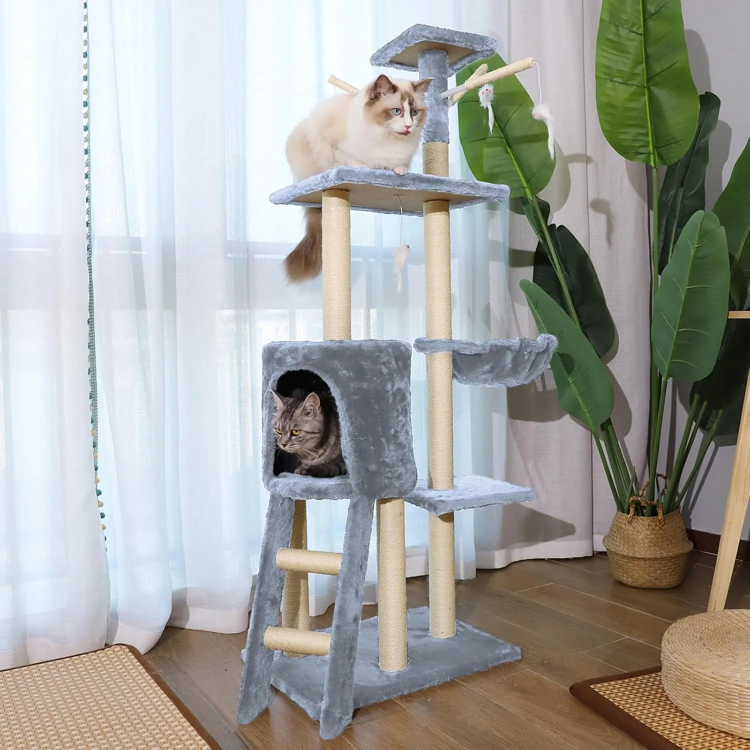 Cat Tree, 54.3 Inch Tall, Multi-Level Cat Activity Center with Cat Condo, Hammock & Scratching Posts, Light Grey