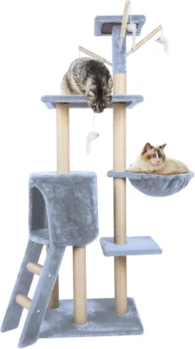 Cat Tree, 54.3 Inch Tall, Multi-Level Cat Activity Center with Cat Condo, Hammock & Scratching Posts, Light Grey