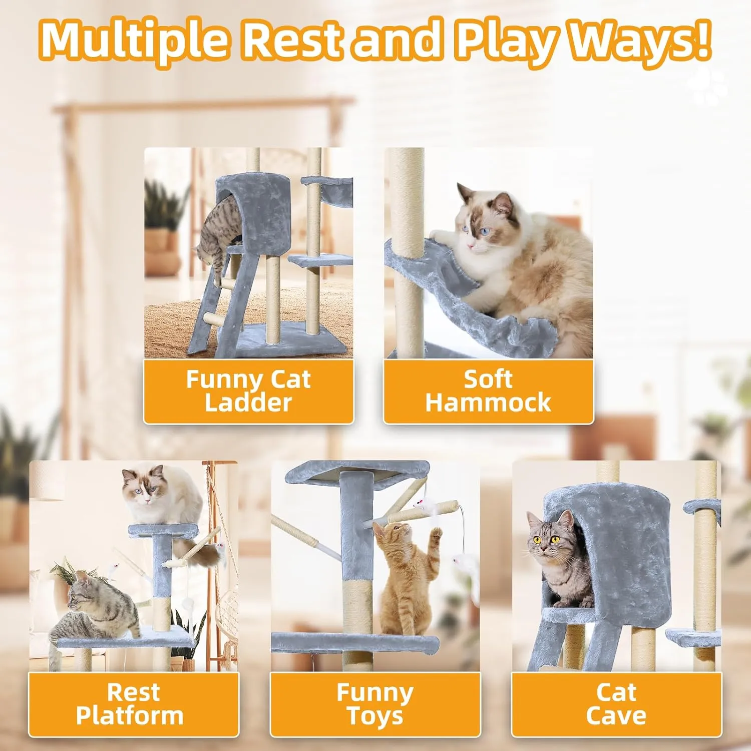 Cat Tree, 54.3 Inch Tall, Multi-Level Cat Activity Center with Cat Condo, Hammock & Scratching Posts, Light Grey