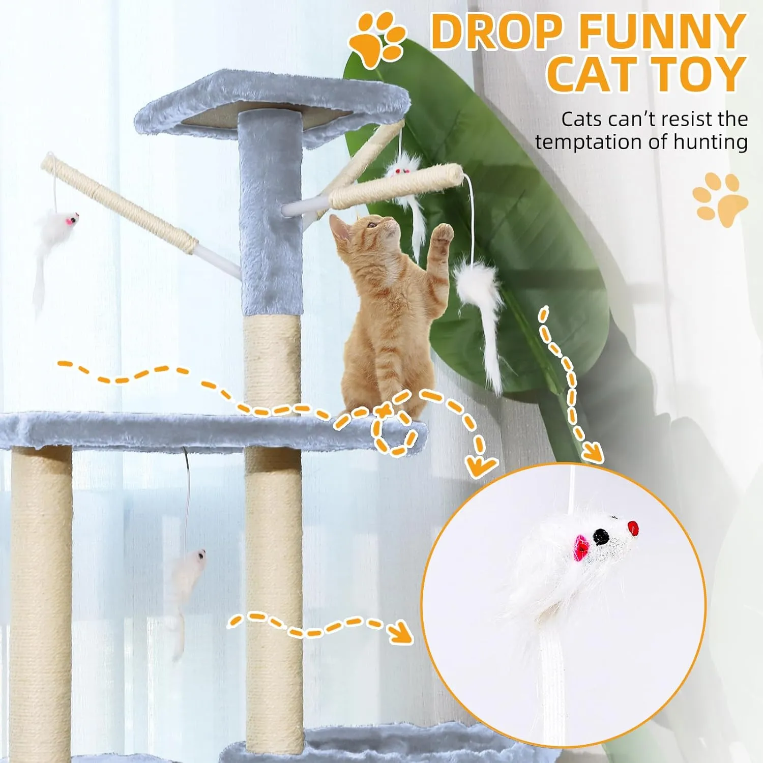 Cat Tree, 54.3 Inch Tall, Multi-Level Cat Activity Center with Cat Condo, Hammock & Scratching Posts, Light Grey