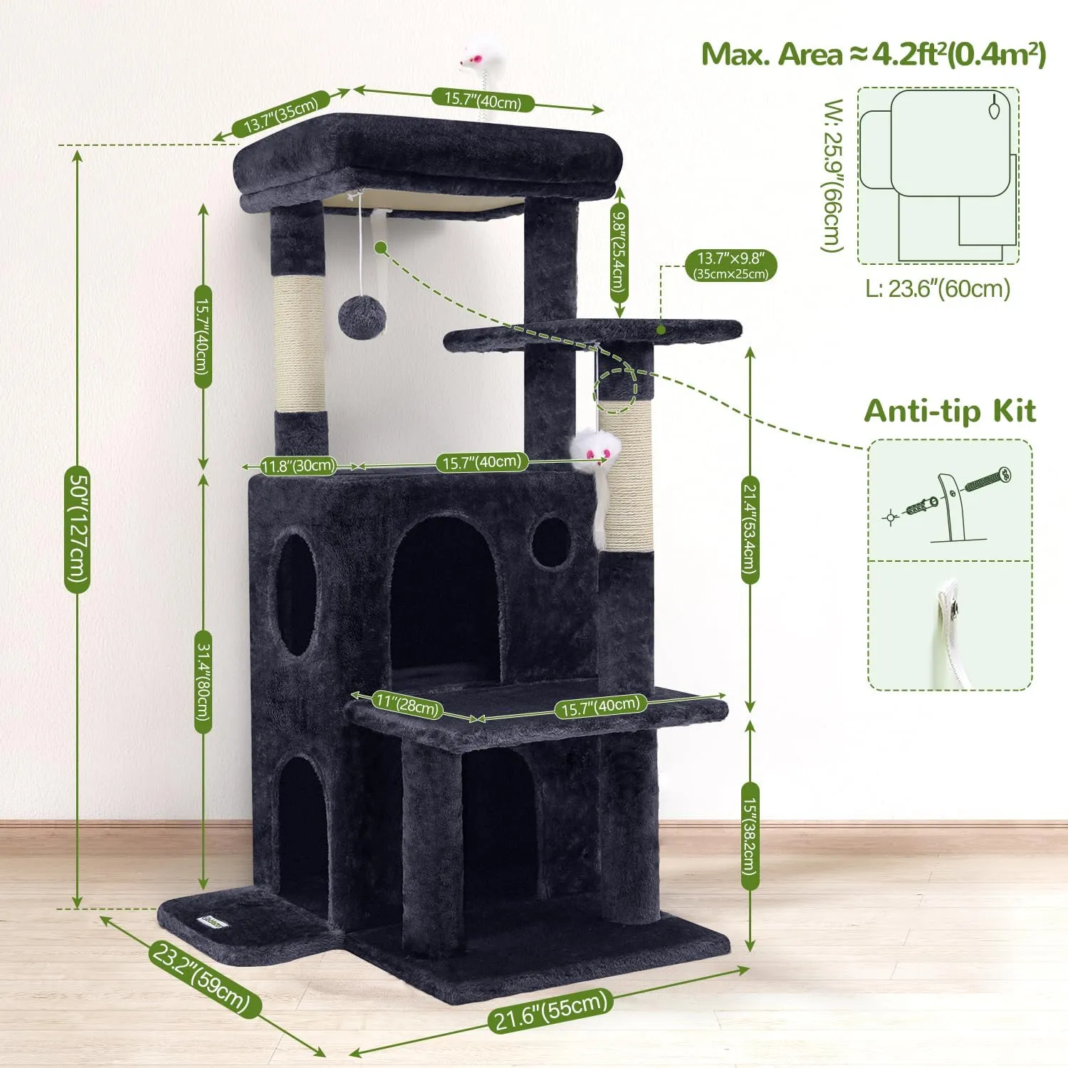 Cat Tree Tower for Indoor Cats, 50-inch Adult Cat Tree House for Large Adult Cats with Steps, Scratching Post, 2 Cat Caves, Dangling Toys, FC50, Dark Grey