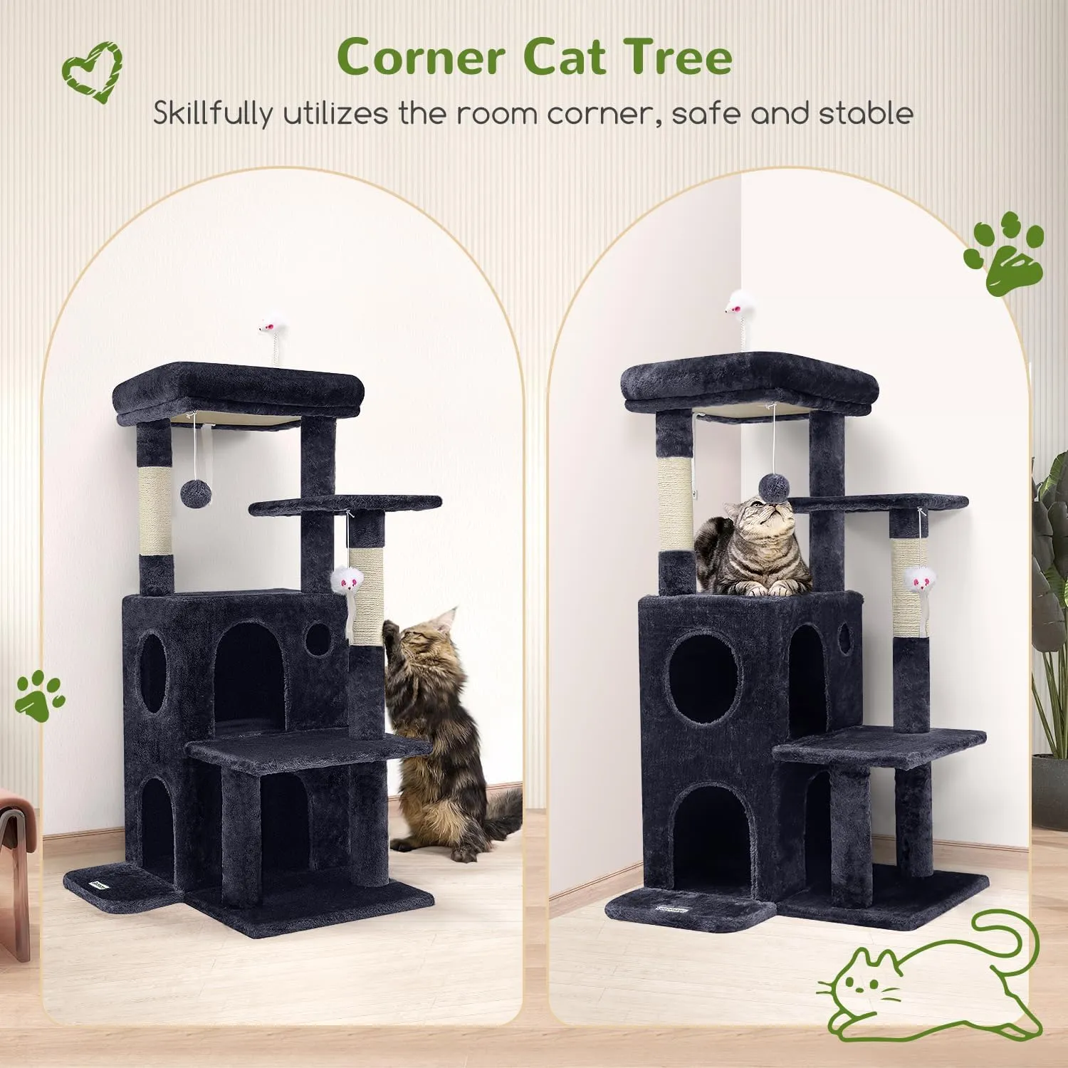 Cat Tree Tower for Indoor Cats, 50-inch Adult Cat Tree House for Large Adult Cats with Steps, Scratching Post, 2 Cat Caves, Dangling Toys, FC50, Dark Grey