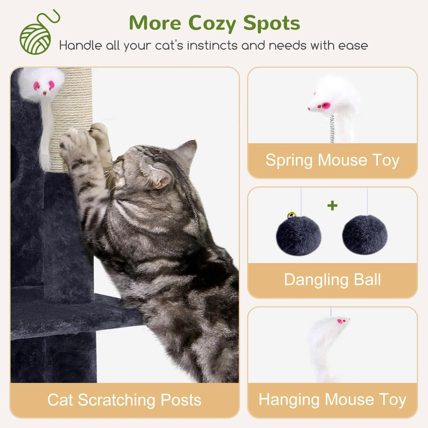 Cat Tree Tower for Indoor Cats, 50-inch Adult Cat Tree House for Large Adult Cats with Steps, Scratching Post, 2 Cat Caves, Dangling Toys, FC50, Dark Grey