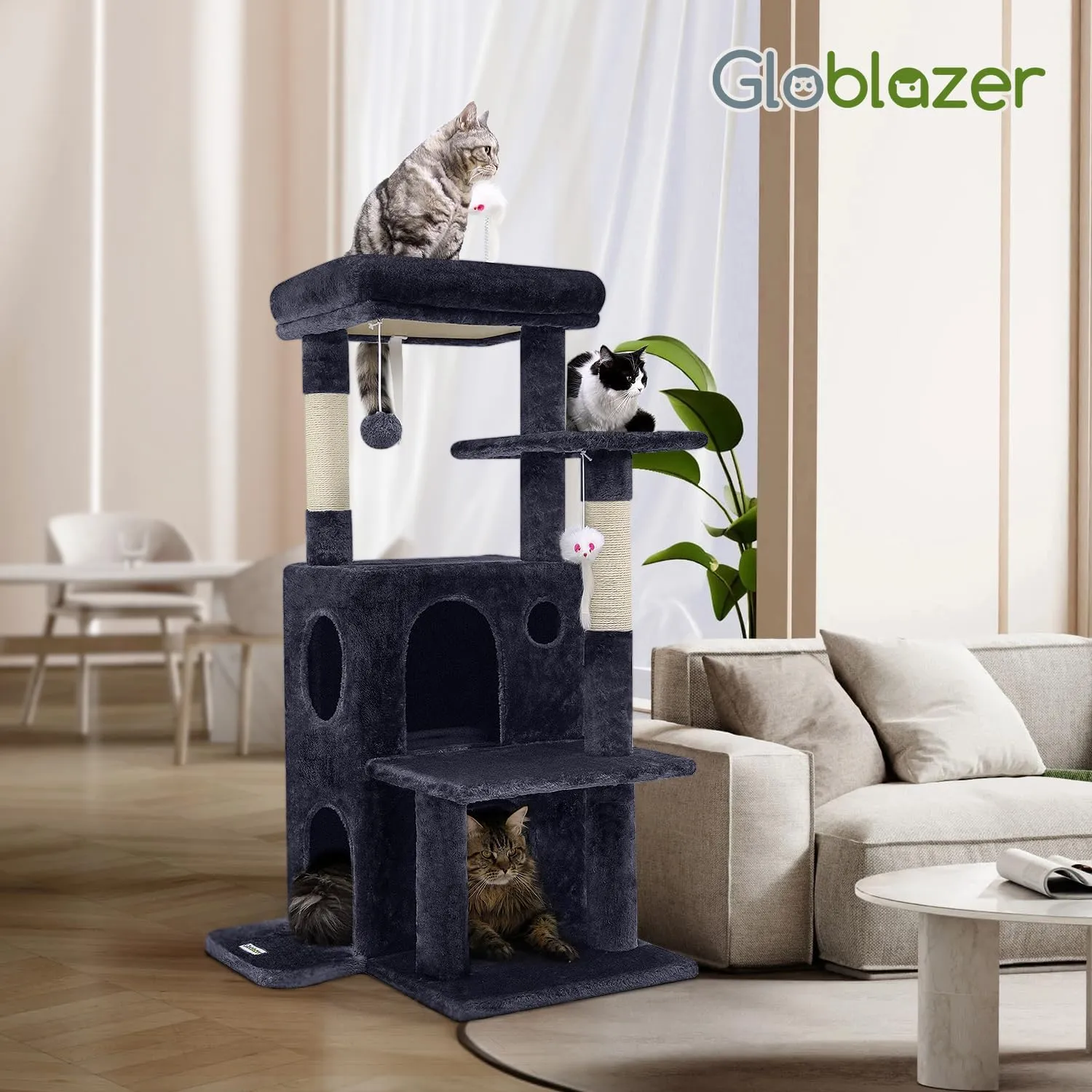Cat Tree Tower for Indoor Cats, 50-inch Adult Cat Tree House for Large Adult Cats with Steps, Scratching Post, 2 Cat Caves, Dangling Toys, FC50, Dark Grey