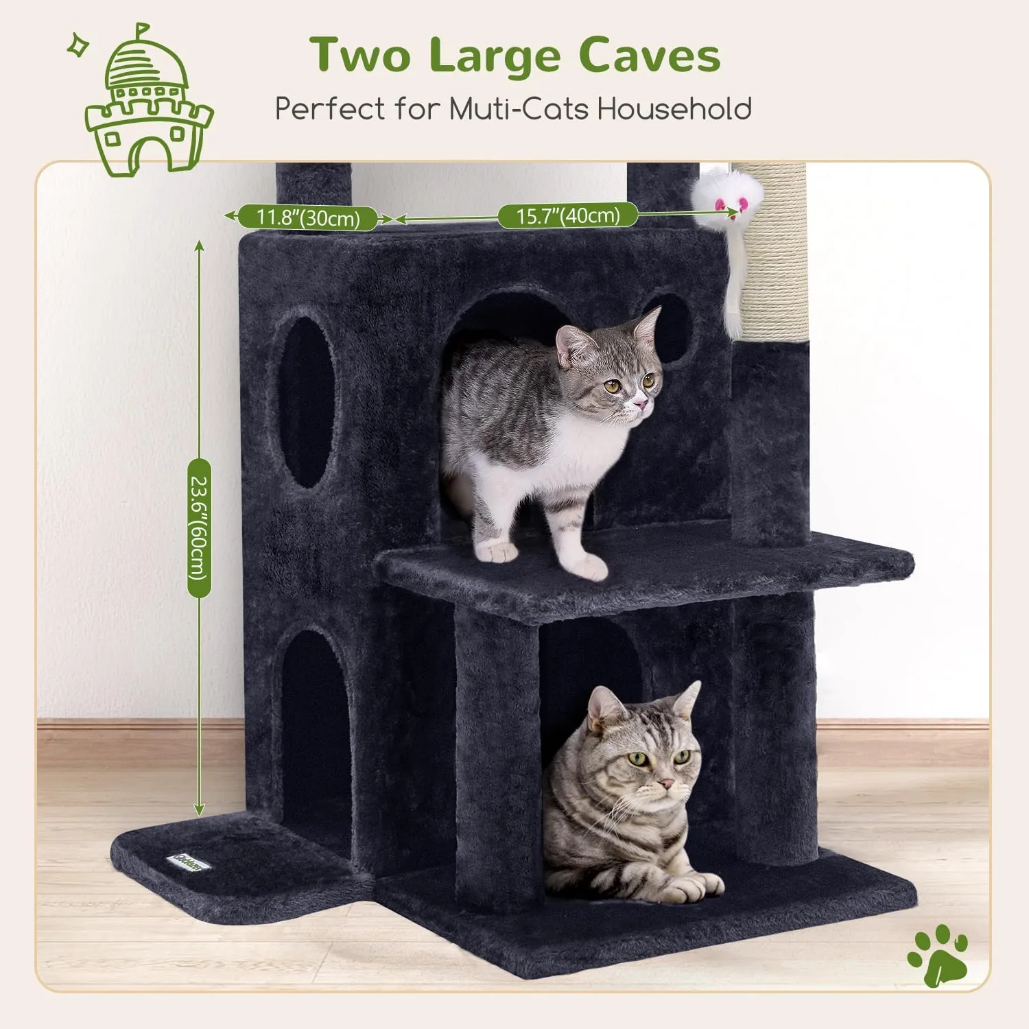 Cat Tree Tower for Indoor Cats, 50-inch Adult Cat Tree House for Large Adult Cats with Steps, Scratching Post, 2 Cat Caves, Dangling Toys, FC50, Dark Grey