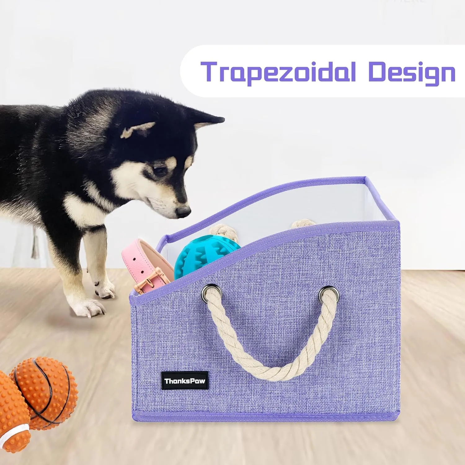 Collapsible Fabric Dog Toy Box and Storage Bin With Handle - Trapezoid Basket Chest Organizer for Pet Toys, Blankets and Accessories, Purple