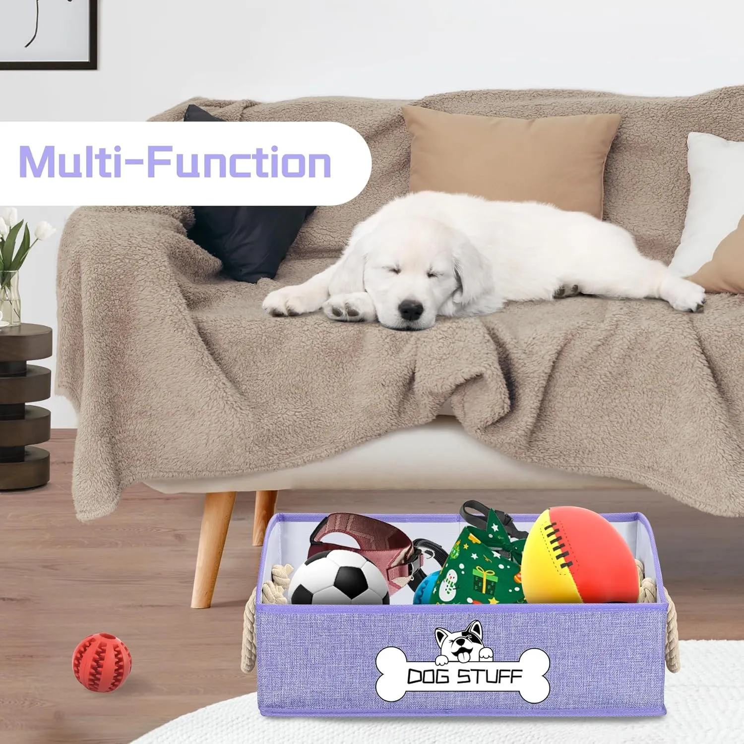 Collapsible Fabric Dog Toy Box and Storage Bin With Handle - Trapezoid Basket Chest Organizer for Pet Toys, Blankets and Accessories, Purple