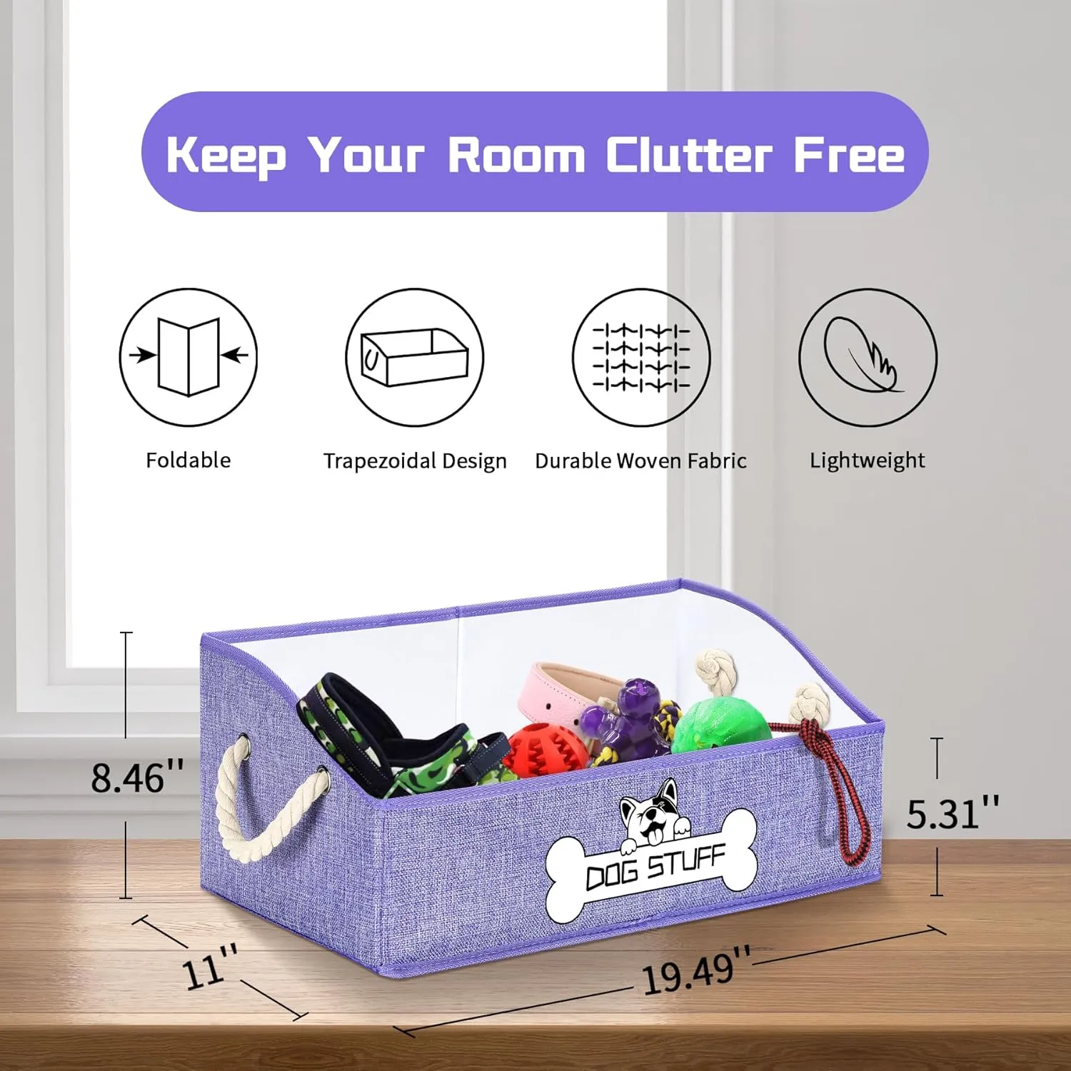 Collapsible Fabric Dog Toy Box and Storage Bin With Handle - Trapezoid Basket Chest Organizer for Pet Toys, Blankets and Accessories, Purple
