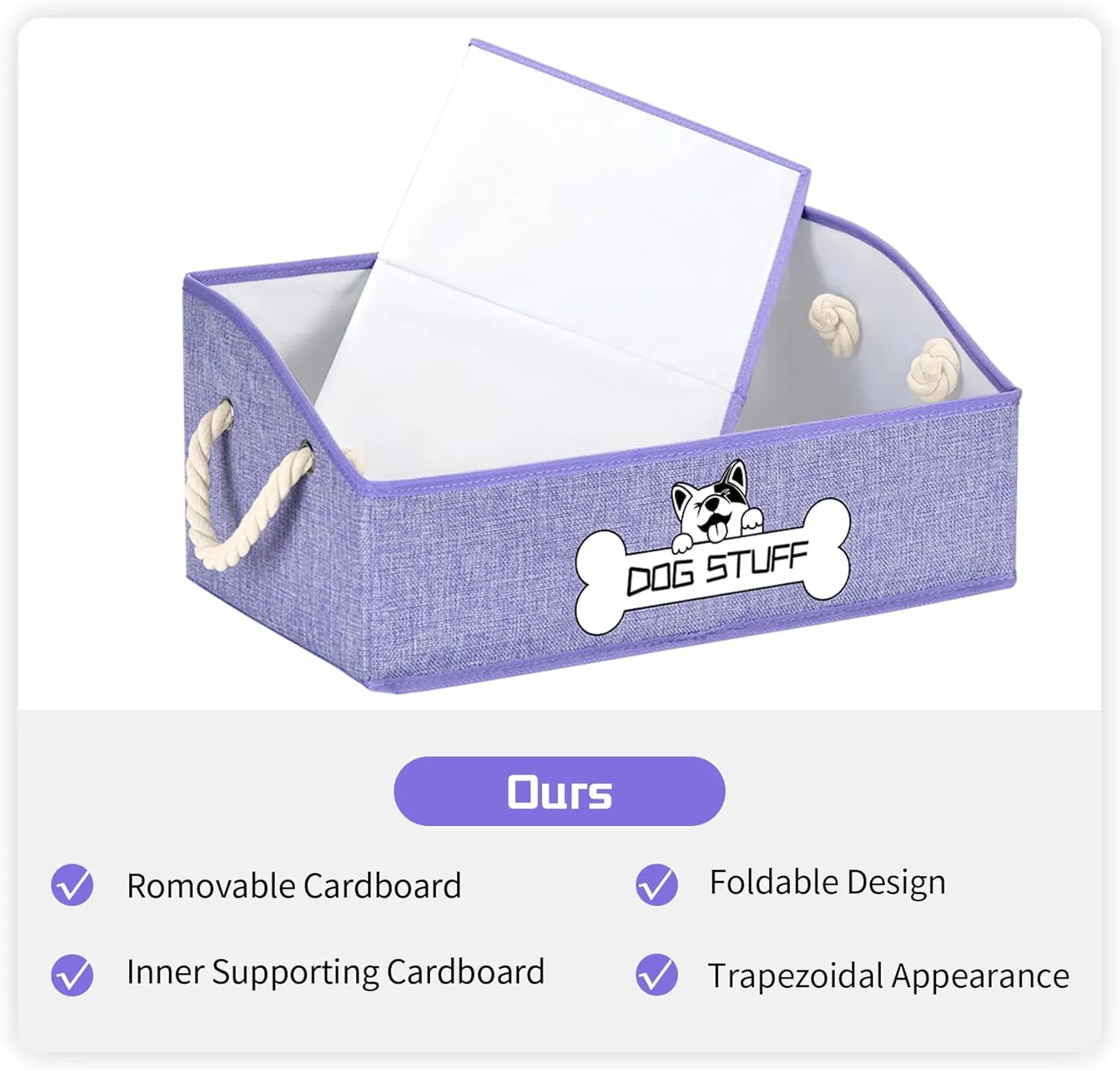 Collapsible Fabric Dog Toy Box and Storage Bin With Handle - Trapezoid Basket Chest Organizer for Pet Toys, Blankets and Accessories, Purple