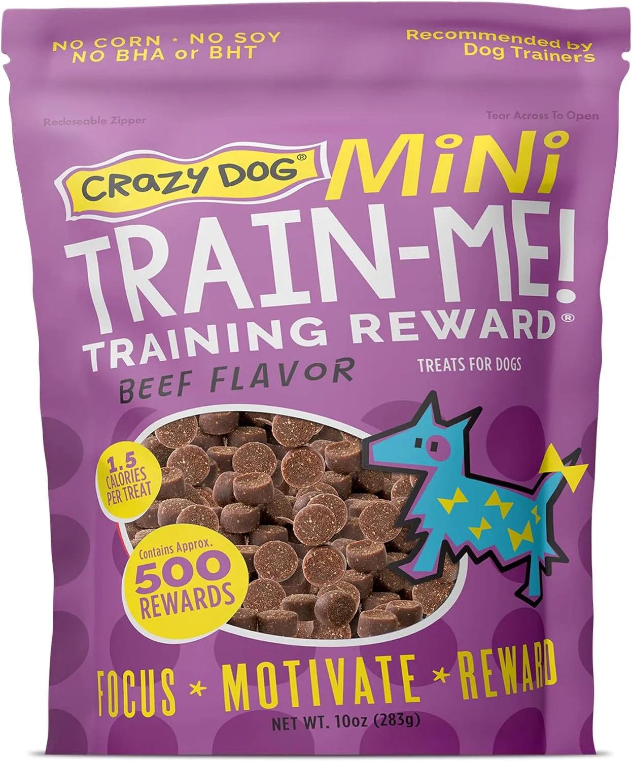 Crazy Dog Mini Train-Me! Training Treats 10 oz. Pouch, Beef Flavor, with 500 Treats per Bag, Recommended by Dog Trainers