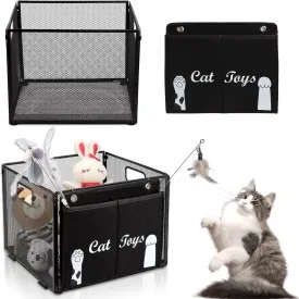 DOSTATNI Cats Toy Box Large Cat Teaser Wand Holder Black Feather Toy Organizer Metal Foldable Storage Basket with Felt Bag