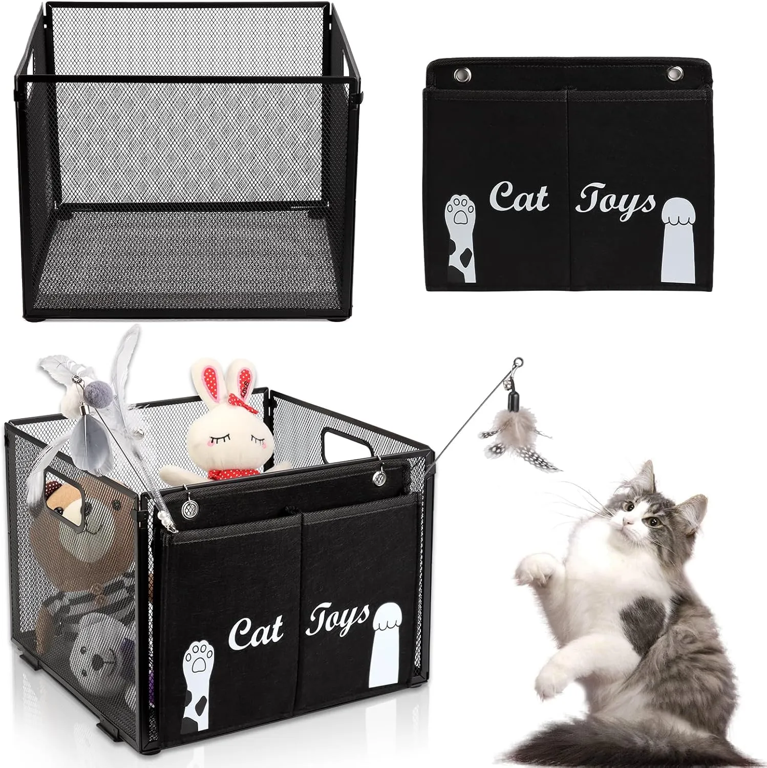 DOSTATNI Cats Toy Box Large Cat Teaser Wand Holder Black Feather Toy Organizer Metal Foldable Storage Basket with Felt Bag