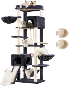 Hey-brother Cat Tree, 70.8 Inches Multi-Level Cat Tree Tower for Large Cats, Heavy Duty Cat Tower with Cat Condo,Baskets, Cat Scratching Posts, Big Hammock and Food Bowls, Smoky Gray MPJ036G