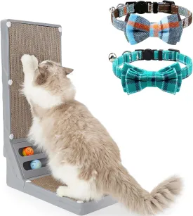 Joytale L Shaped Cat Scratcher and Cat Collar with Bells Set, Interactive Cat Scratching Board with 2 Ball Toys and 2 Pack Breakaway Cat Collars with Bow Tie, Haze Blue Teal
