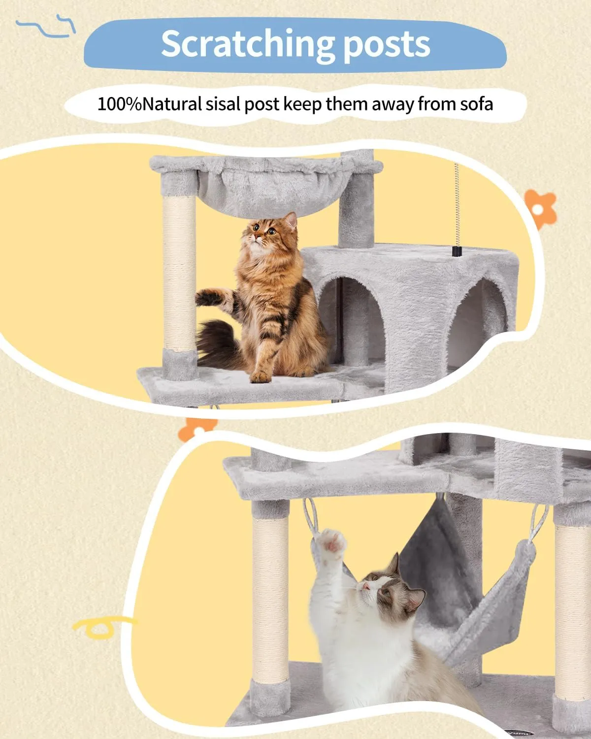 KIYUMI Cat Tree Cat Tower Condo with Sisal Scratching Post for Indoor Cats Tree Furniture with Hammock Perch and Kitten Ball Toys, Multi-Level Pet Activity Center (Grey)