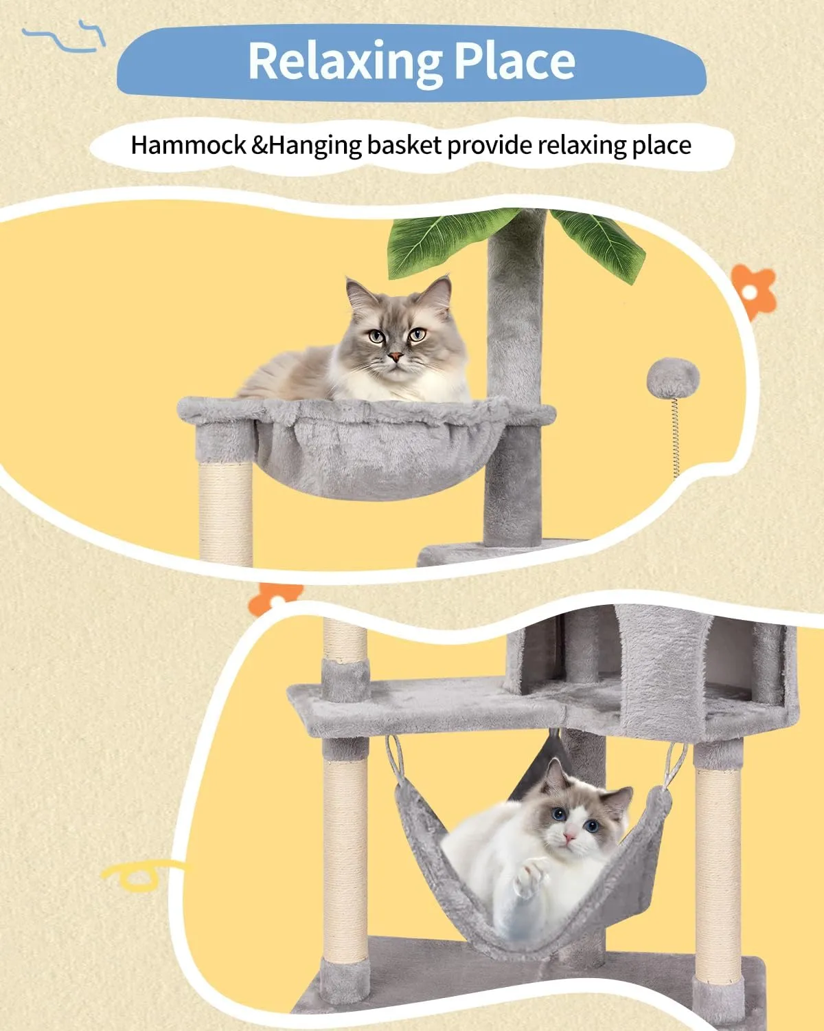 KIYUMI Cat Tree Cat Tower Condo with Sisal Scratching Post for Indoor Cats Tree Furniture with Hammock Perch and Kitten Ball Toys, Multi-Level Pet Activity Center (Grey)