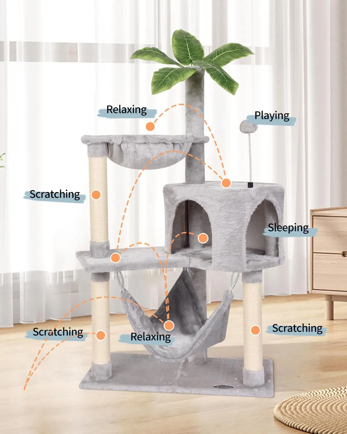 KIYUMI Cat Tree Cat Tower Condo with Sisal Scratching Post for Indoor Cats Tree Furniture with Hammock Perch and Kitten Ball Toys, Multi-Level Pet Activity Center (Grey)