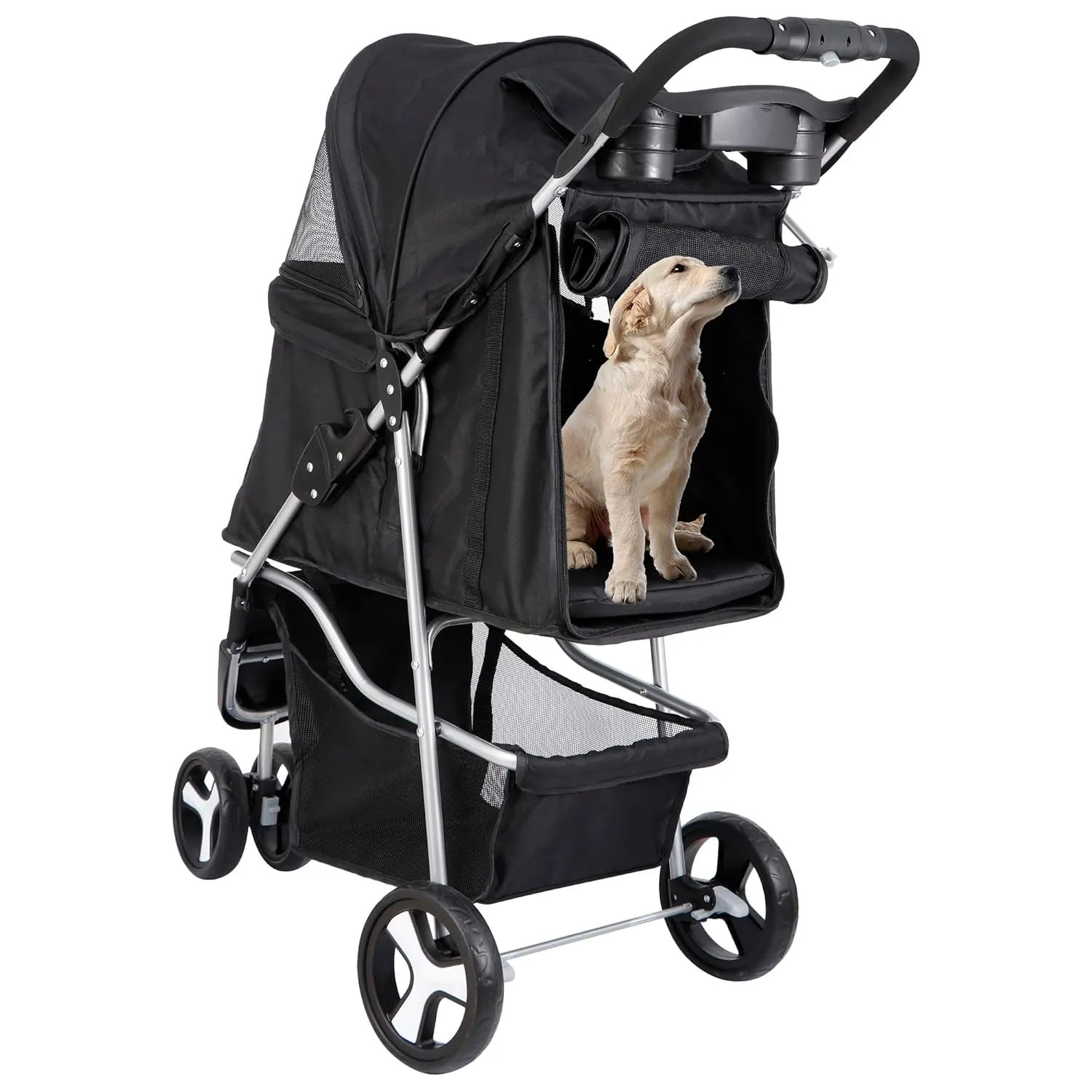 LEMY Foldable Pet Puppies Stroller for Cats and Dogs, 3 Wheels Travel Pet Carrier w/Weather Cover, Storage Basket and Cup Holder, Black
