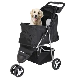 LEMY Foldable Pet Puppies Stroller for Cats and Dogs, 3 Wheels Travel Pet Carrier w/Weather Cover, Storage Basket and Cup Holder, Black