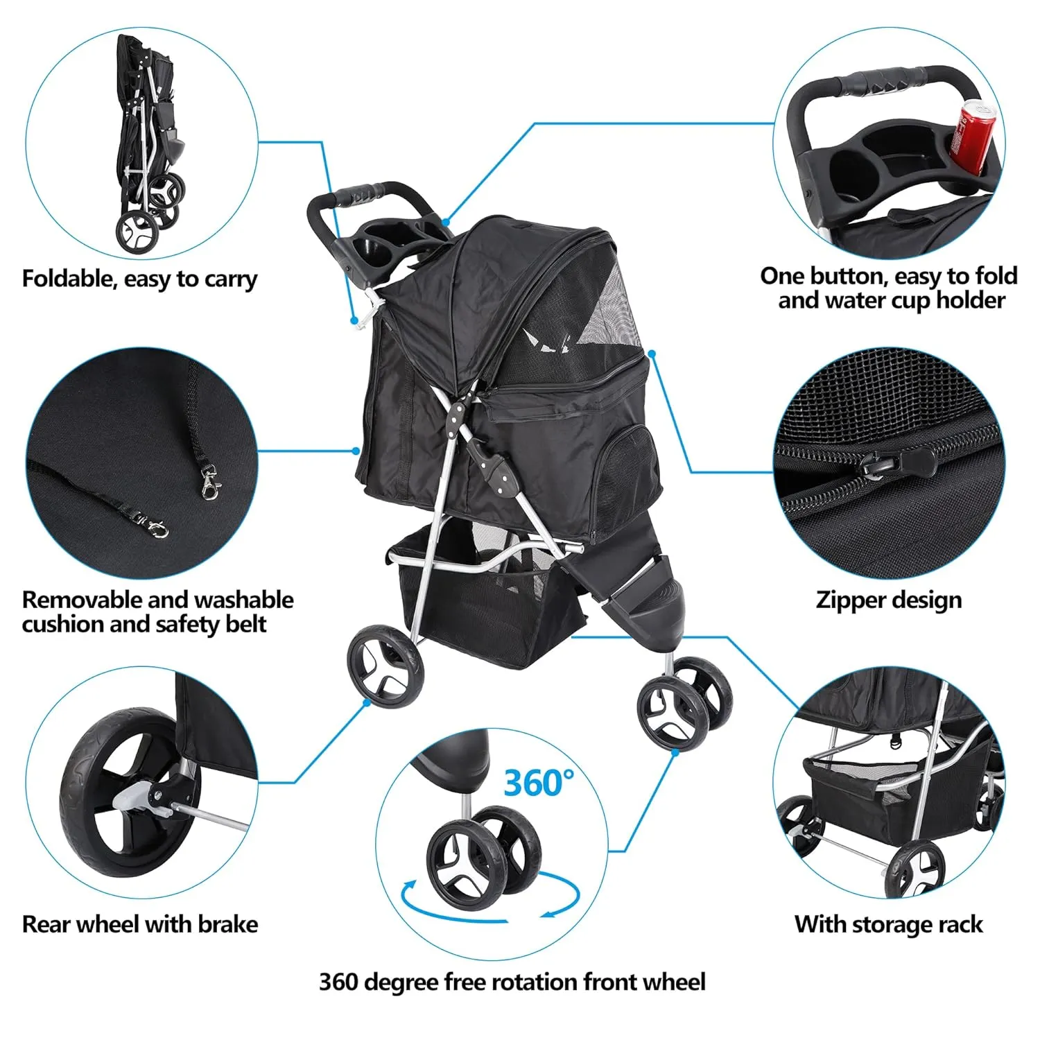LEMY Foldable Pet Puppies Stroller for Cats and Dogs, 3 Wheels Travel Pet Carrier w/Weather Cover, Storage Basket and Cup Holder, Black