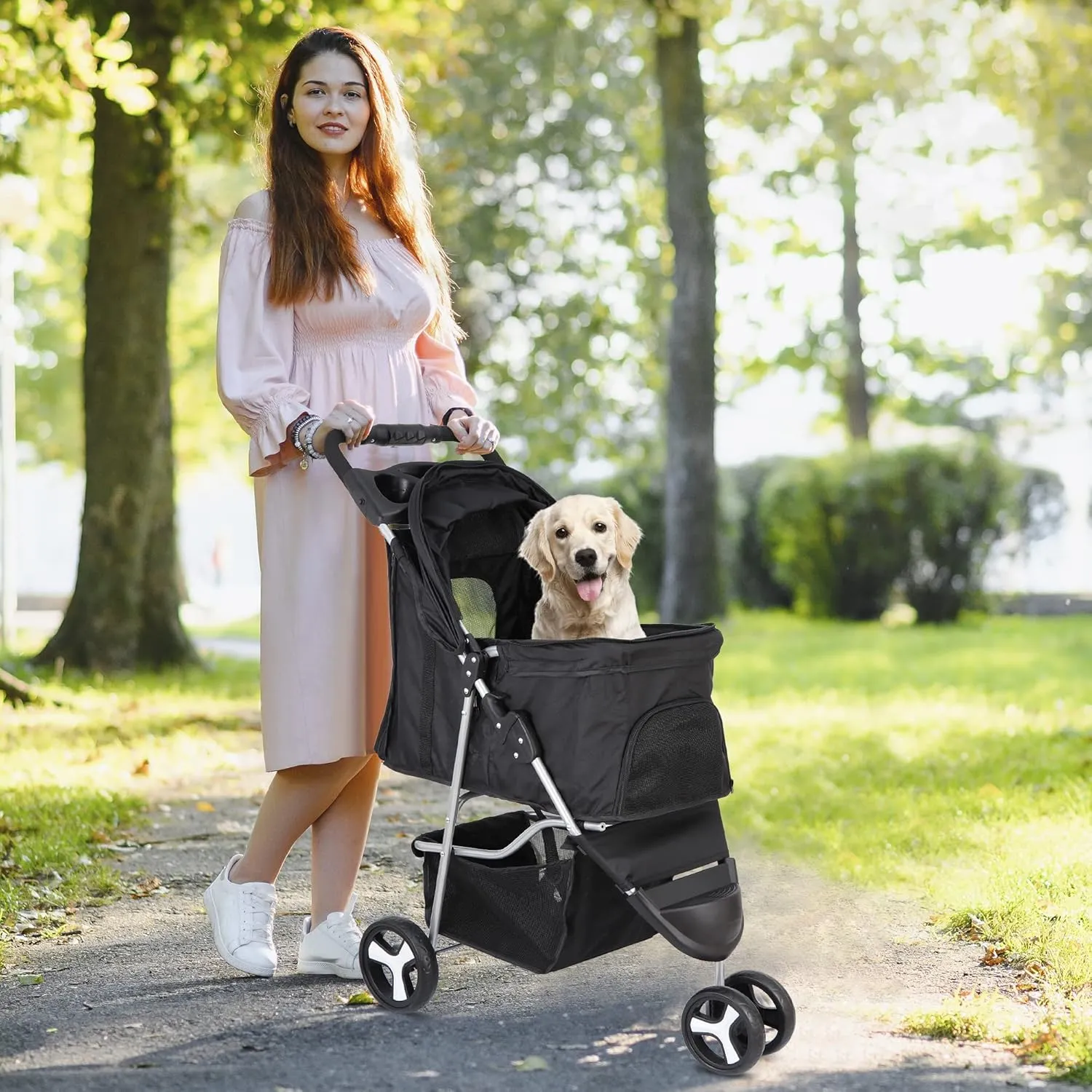 LEMY Foldable Pet Puppies Stroller for Cats and Dogs, 3 Wheels Travel Pet Carrier w/Weather Cover, Storage Basket and Cup Holder, Black